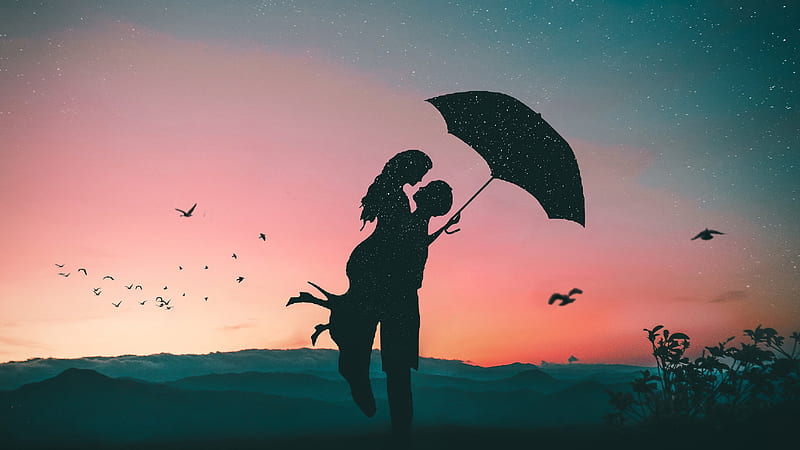Sunset, black, umbrella, pink, silhouette, mad eye, couple, sky, lovers, bird, HD wallpaper