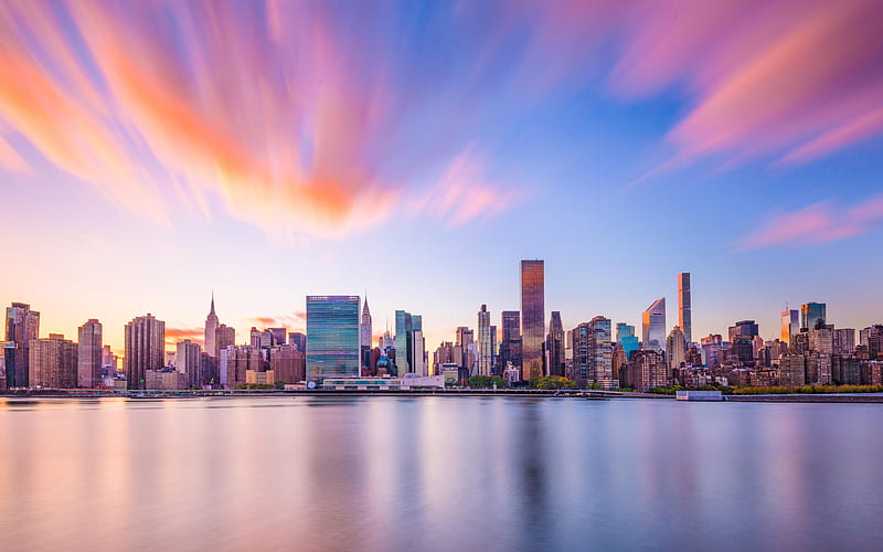 New York, evening, sunset, New York skyline, bay, NYC, New York City, USA, HD wallpaper
