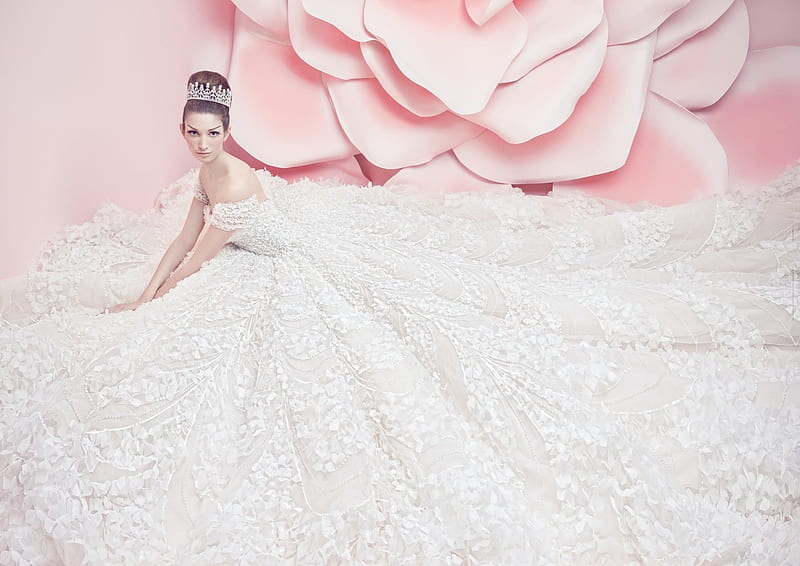 Bride, dress, model, rose, michael cinco, woman, girl, fashion, white, pink, HD wallpaper