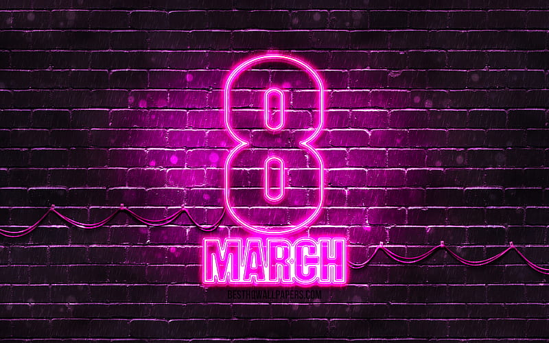 8 March purple sign purple brickwall, International Womens Day, artwork, 8th of March, 8 March neon symbol, 8 March, HD wallpaper