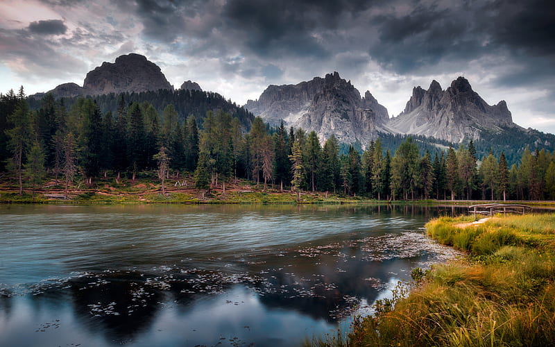 mountain landscape, morning, river, cloudy weather, clouds, Dolomites, Italy, HD wallpaper