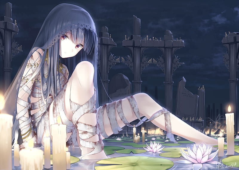Deceased, pretty, lotus, veil, bonito, sweet, nice, anime, hot, beauty, anime girl, light, night, candle, female, lovely, gloom, sexy, girl, creep, flower, lady, scene, bandages, serious, maiden, HD wallpaper