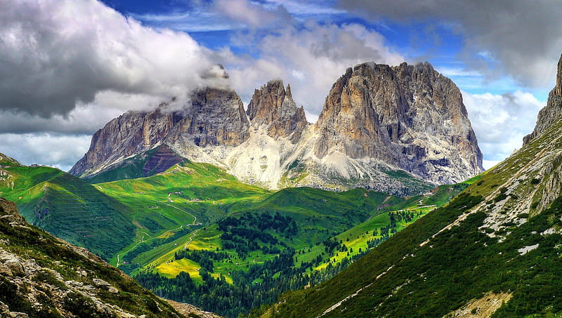 sassolungo peaks in the italian dolomites, grass, mountains, clouds, meadow, valley, HD wallpaper