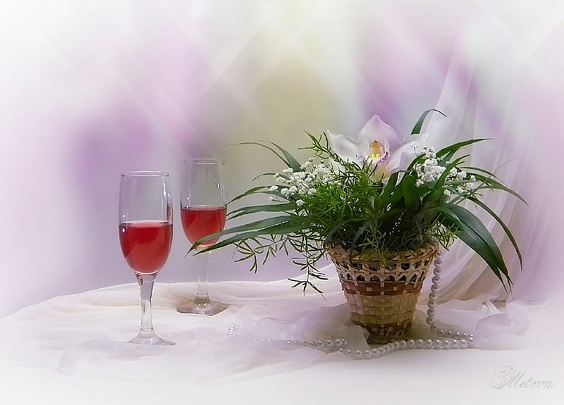 Still life, Glasses, Champagne, Flowers, Vase, HD wallpaper