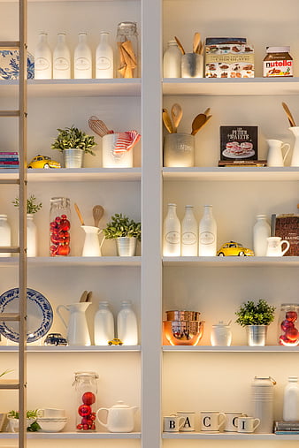 Bowls and bottles in white wooden 4-layer shelf, HD phone wallpaper