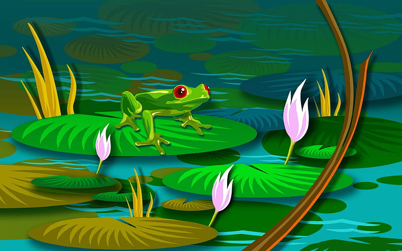frog's paradise, frog, flowers, lillypads, abstract, HD wallpaper