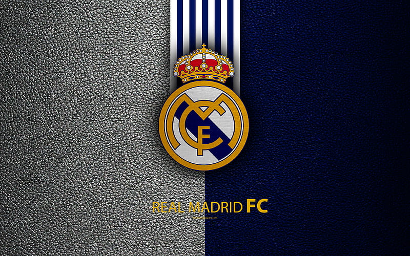 Real Madrid FC Spanish football club, La Liga, logo, Real Madrid CF emblem, leather texture, Madrid, Spain, football, HD wallpaper
