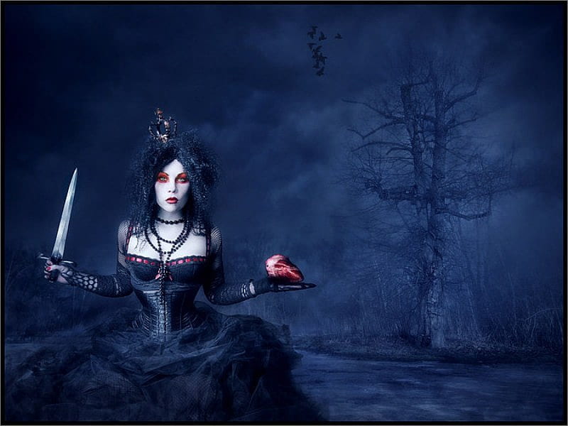 Gothic Beauty, black, abstract, woman, knife, girl, gothic, dark, heart, blue, night, HD wallpaper