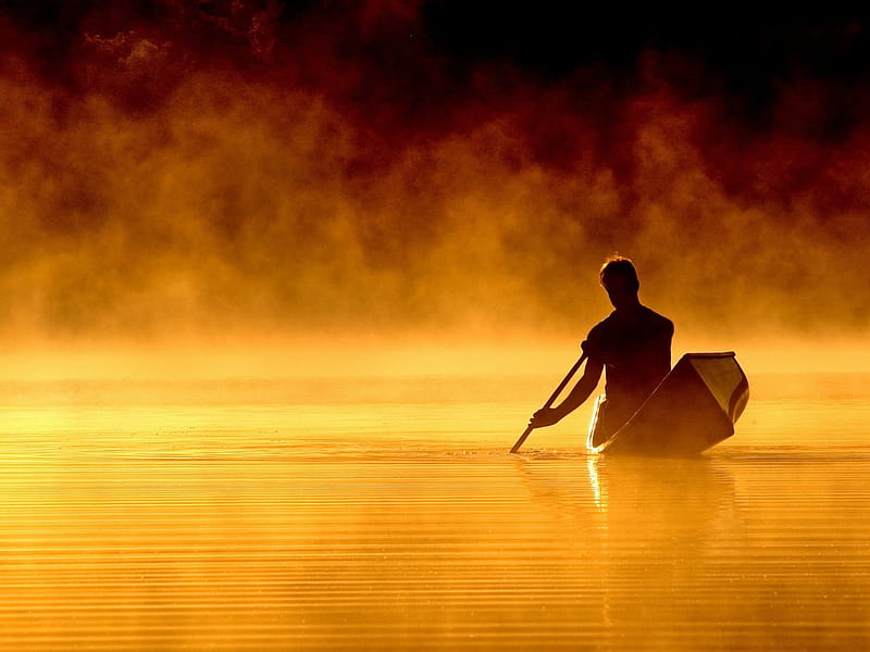 Row Row Row your Boat, sunrise, lake, morning fog, HD wallpaper