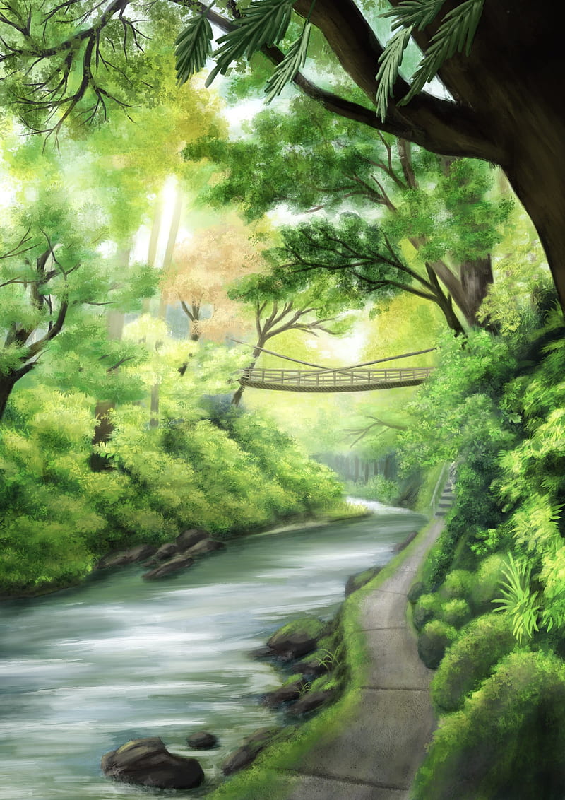 river, coast, bridge, trees, art, HD phone wallpaper