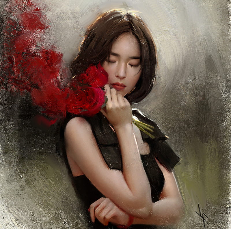 :-), art, red, rose, flower, black, asian, pictura, portrait, painting, HD wallpaper