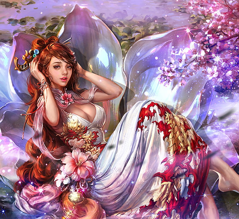 Fantasy girl, frumusete, fantasy, girl, luminos, flower, spring, doha, pink, white, HD wallpaper