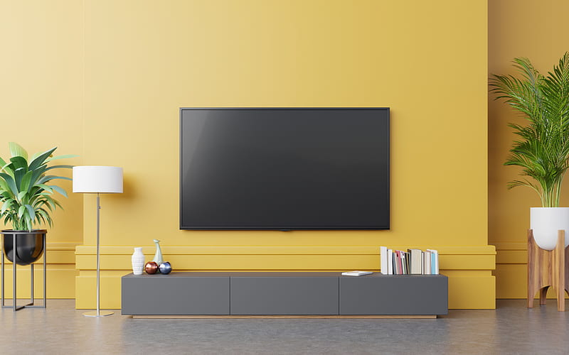 large TV in the living room, yellow walls in the living room, stylish interior design, modern design, living room, HD wallpaper