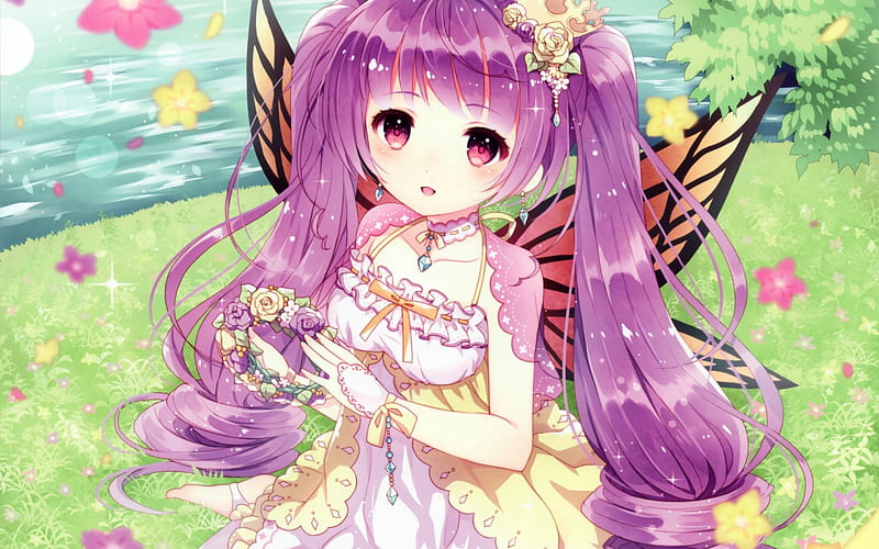 Fairy, wings, wasabi, manga, cute, butterfly, girl, purple, anime, pink, HD wallpaper