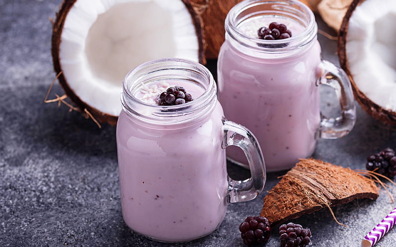 yogurt, berries milkshake, blackberry yogurt, milkshake, coconuts, HD wallpaper