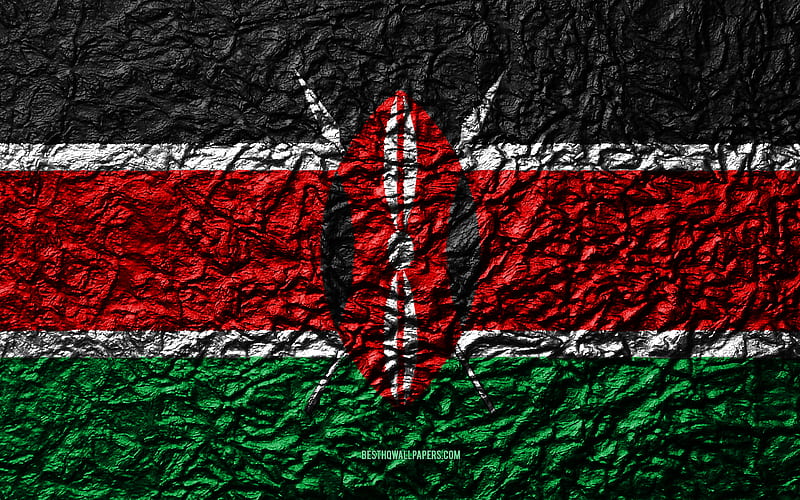 Flag of Kenya stone texture, waves texture, Kenyan flag, national symbol, Kenya, Africa, stone background, HD wallpaper