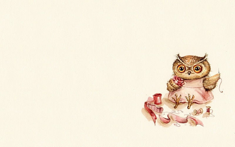 Owl dressmaker , owl, bird, dressmaker, child, inga paltser, illustration, pink, card, HD wallpaper