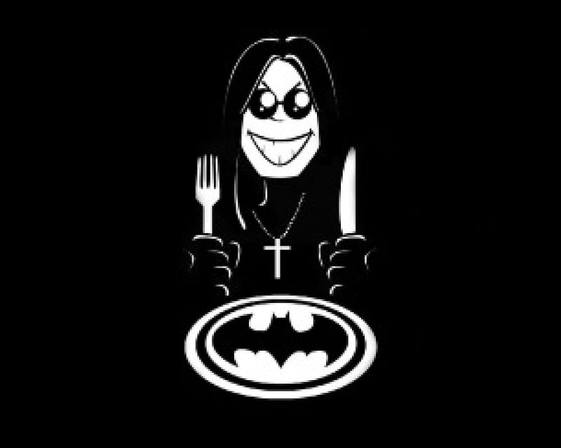 Ozzy Hungry, ozzy, black, batman logo, white, cross, fork, knife, HD wallpaper