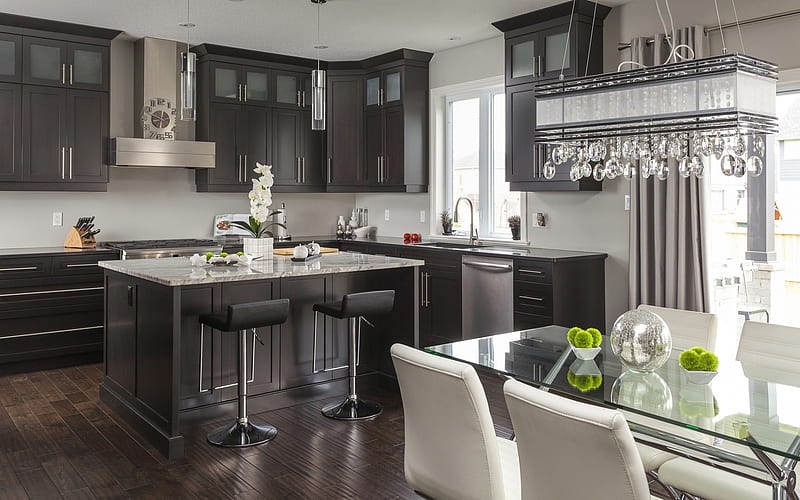 modern kitchen interior, stylish interior, glass table, crystal chandelier, modern design, gray kitchen, HD wallpaper