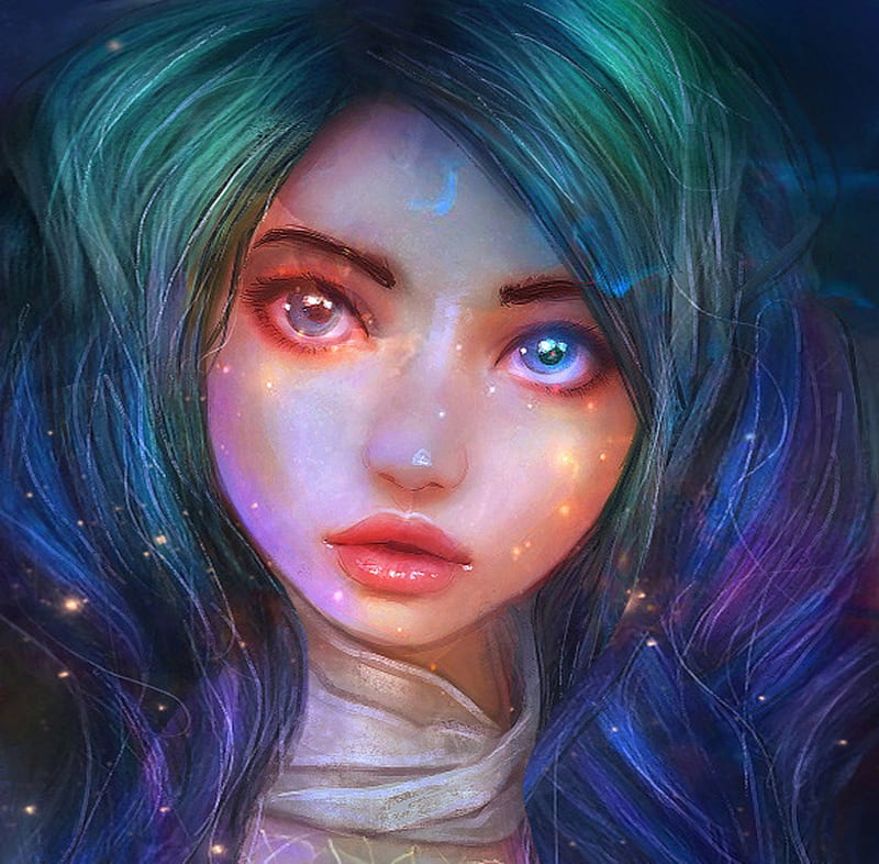 Galaxy mermaid, blue, fantasy, frumusete, luminos, girl, orange, anne pogoda, HD wallpaper