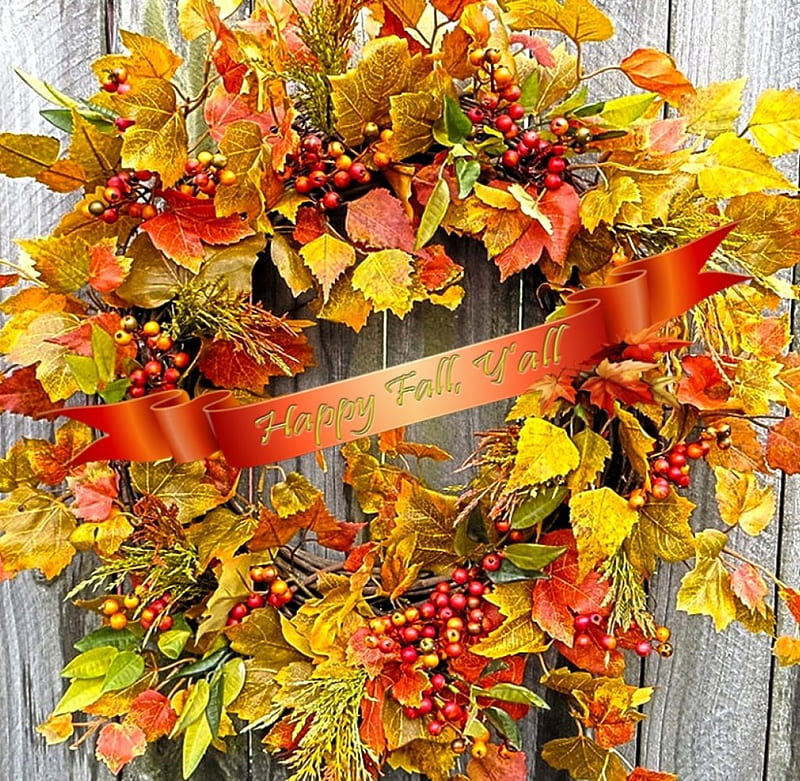 *Happy Fall y' all*, fall, wreath, september, autumn, seasons, happy, leaves, begin, r, HD wallpaper