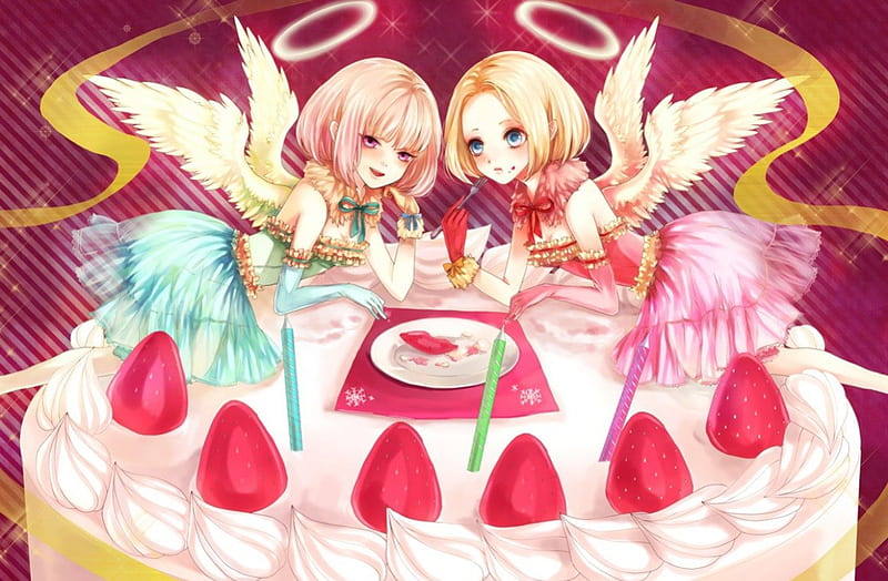 Angel Cake, cake, pretty, dress, strawberry, hungry, adorable, wing, eat, sweet, halo, fruit, nice, anime, feather, hot, anime girl, candle, delicious, female, wings, lovely, angel, gown, sexy, short hair, cute, girl, cream, eating, HD wallpaper