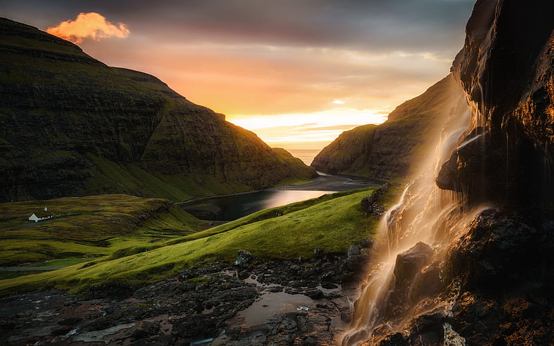sunset, evening, mountains, fjord, Iceland, green meadows, beautiful landscape, HD wallpaper