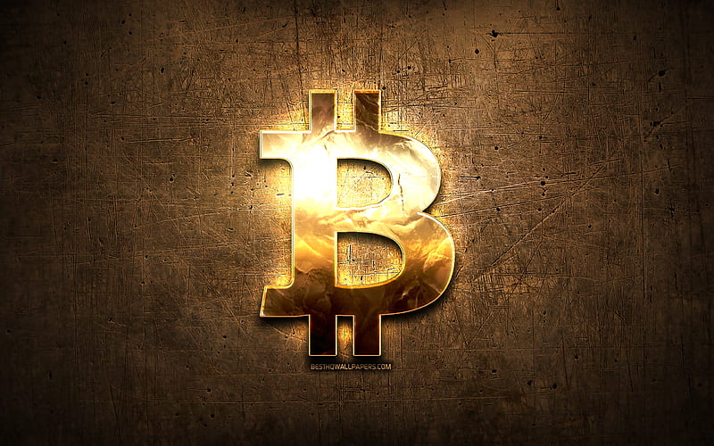 Bitcoin golden logo, cryptocurrency, artwork, brown metal background, creative, Bitcoin logo, brands, Bitcoin, HD wallpaper