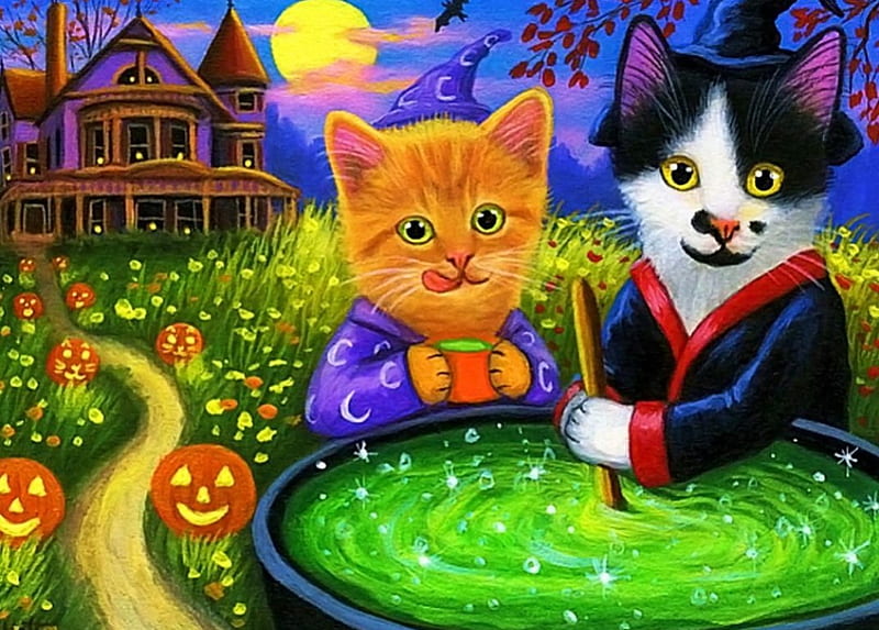 Halloween Kitties, moon, house, painting, mixture, pot, cats, artwork, pumpkins, HD wallpaper