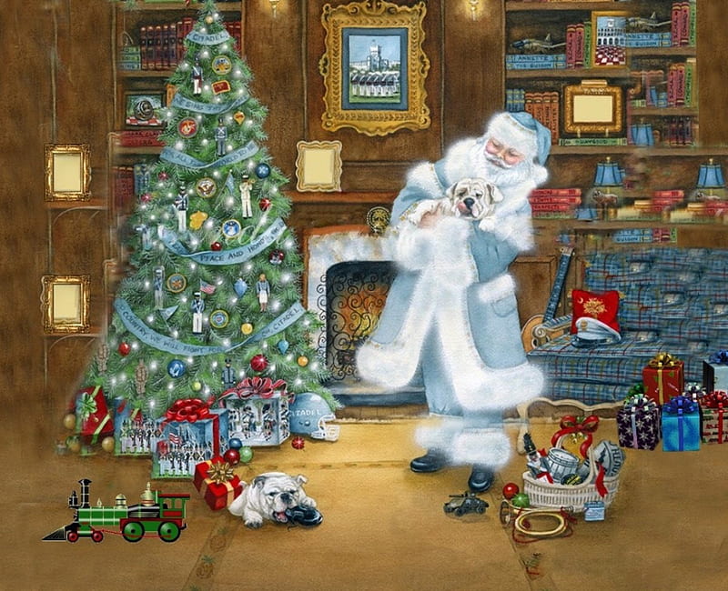 Santa Cuddling a Puppy, christmas tree, cozy, christmas, colors, Santa, winter, Gifts, painting, toys, puppy, HD wallpaper