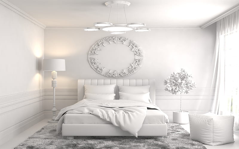fully white stylish bedroom, white bed, stylish classic interior, modern interior design, bedroom, HD wallpaper