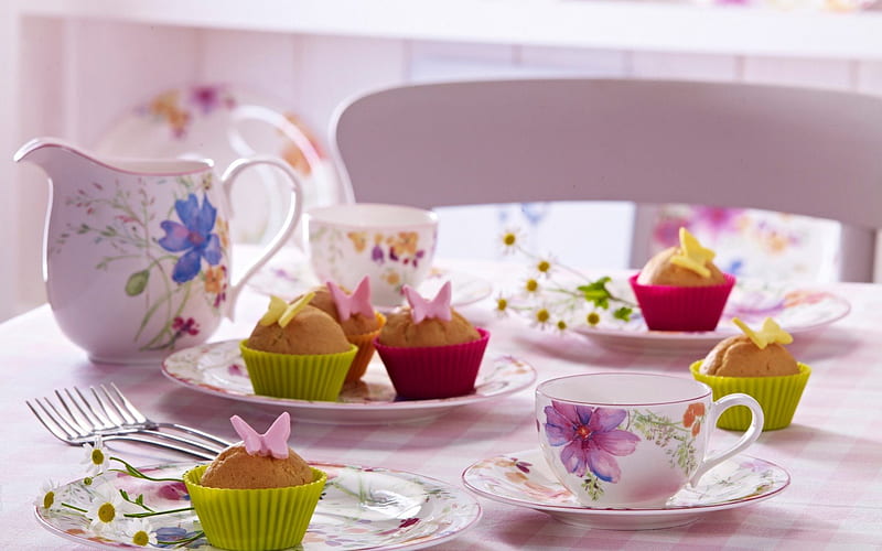 Special Morning , cake, table, muffins, special, moments, relax, break, butterfly, good, love, flowers, day, deseert, morning, cups, HD wallpaper
