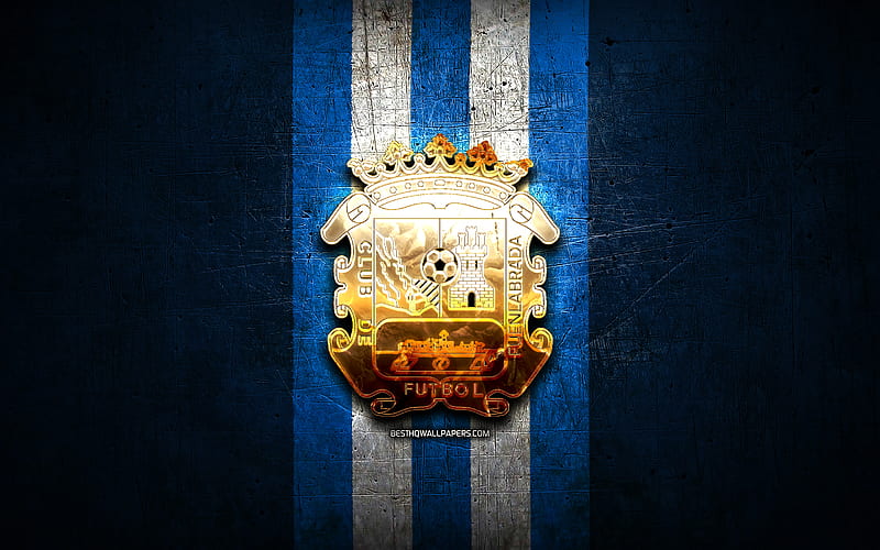 Fuenlabrada FC, golden logo, La Liga 2, blue metal background, football, CF Fuenlabrada, spanish football club, Fuenlabrada logo, soccer, LaLiga 2, Spain, HD wallpaper