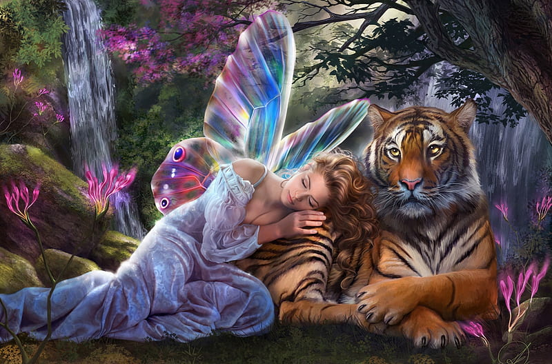My sentinel, frumusete, wings, luminos, tiger, drazenka kimpel, sentinel, animal, fantasy, girl, tigru, princess, pink, fairy, blue, HD wallpaper