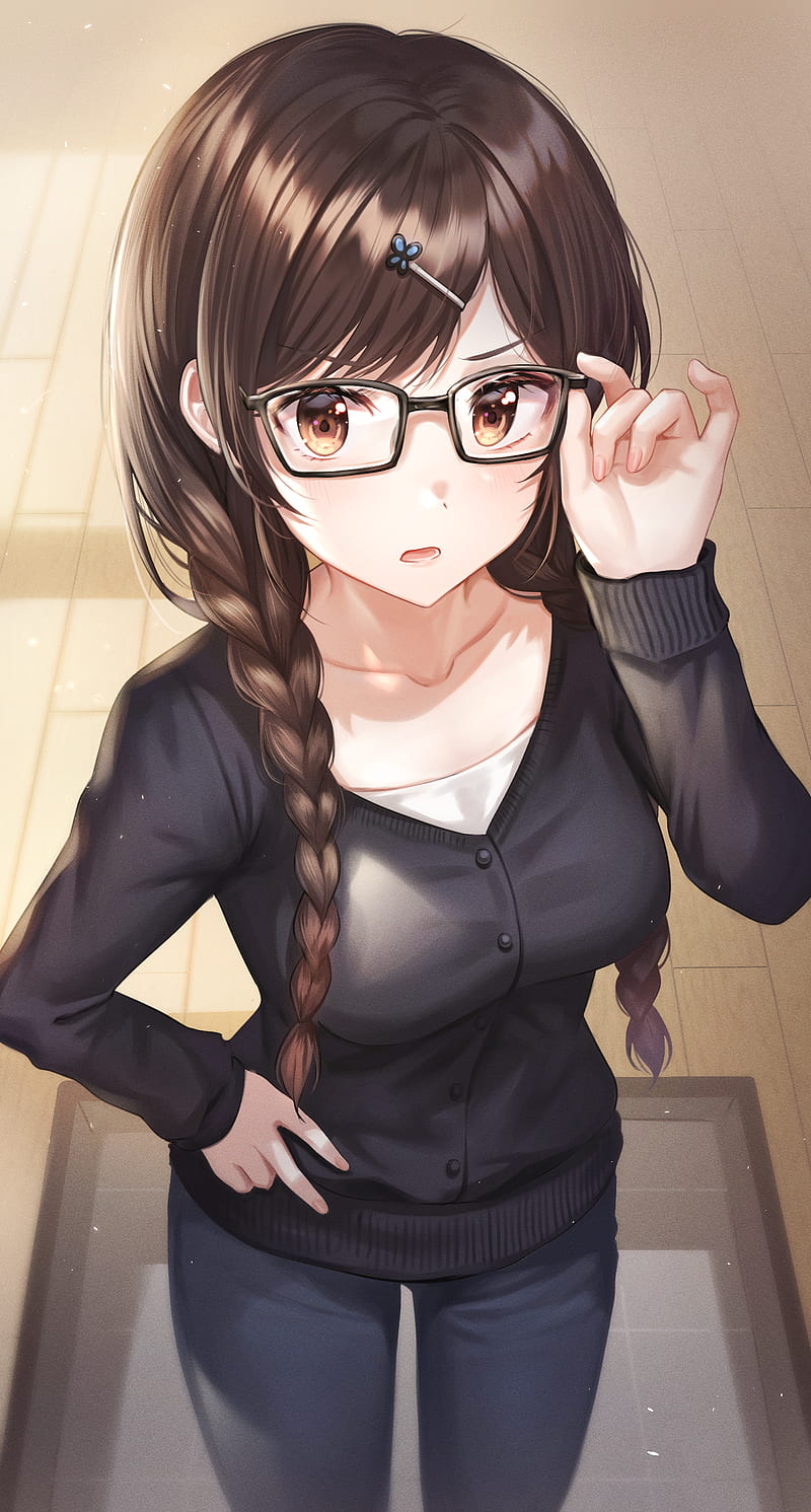 anime, anime girls, Tokkyu (artista), Kanojo, Okarishimasu (Rent-a-Girlfriend), Chizuru Mizuhara, glasses, brown eyes, brunette, braids, high angle, HD phone wallpaper