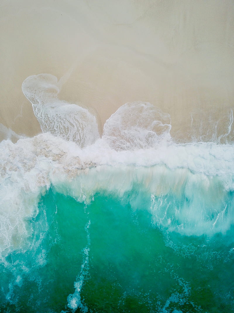 ocean, surf, aerial view, foam, water, sand, shore, HD phone wallpaper