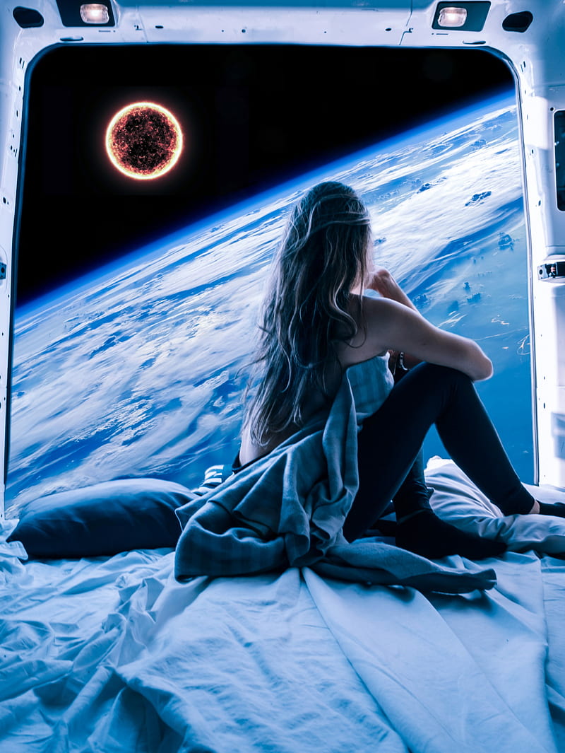 Van Space Life Woman, adventure, cosmos, earth, galaxy, girl, travel, universe, HD phone wallpaper