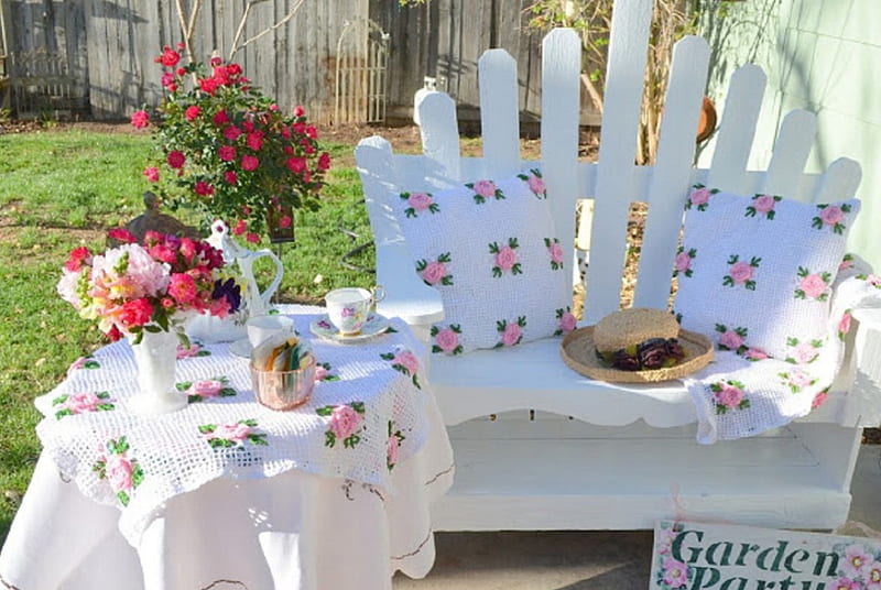 Garden Party, table, party, flowers, garden, chair, tea, HD wallpaper