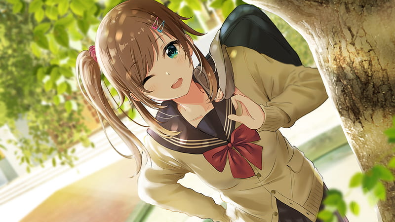 anime school girl, wink, school uniform, hairpin, Anime, HD wallpaper