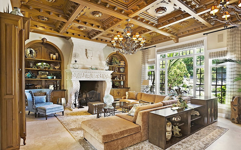 wooden ceiling, upholstered furniture, HD wallpaper