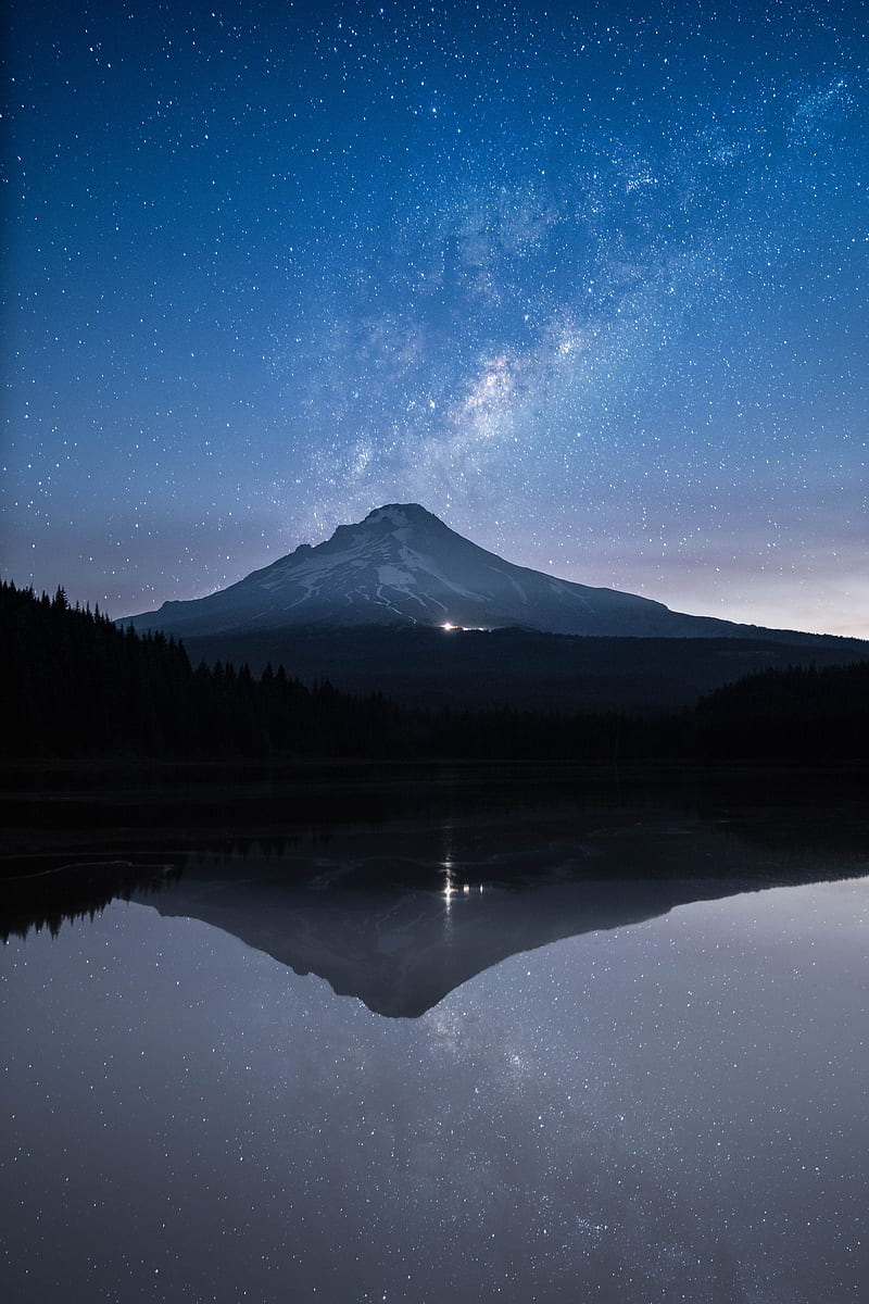 mountain, lake, starry sky, twilight, reflection, HD phone wallpaper