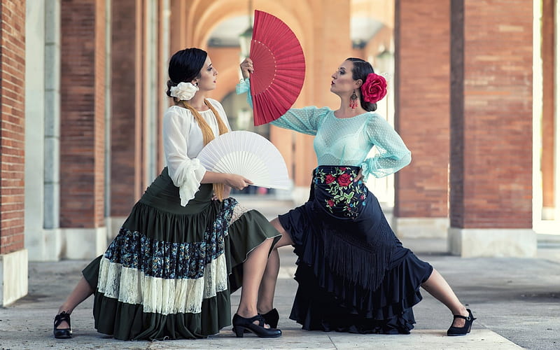 Flamenco dancers, red, model, black, woman, hand fan, girl, fan, white, couple, HD wallpaper