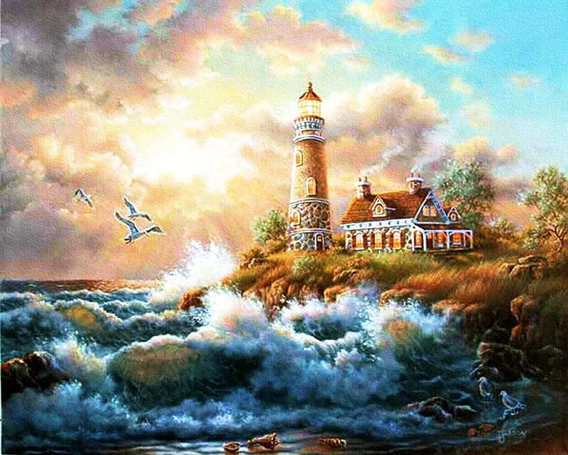 Stormy Sea, cottage, painting, cliff, waves, clouds, seagulls, artwork, lighthouse, HD wallpaper