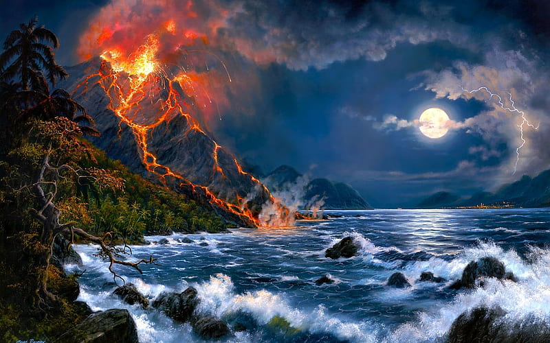 Moonlight, art, moon, luminos, lava, volcano, sea, fire, moon, water, painting, summer, pictura, HD wallpaper