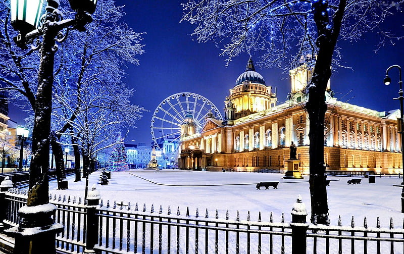 Belfast, Ireland in Winter, building, fence, snow, Ferris Wheel, trees, HD wallpaper