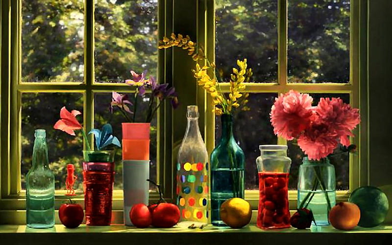 Window Sill F2, art, window, artwork, fruit, still life, painting, wide screen, flowers, bottles, HD wallpaper