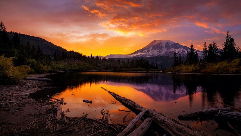 Sunset at Mt Rainier, Washington, sky, water, lake, reflections, mountain, colors, usa, volcano, trees, clouds, HD wallpaper