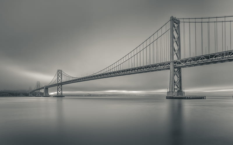 Bay Bridge, morning, sunrise, black and white , monochrome, San Francisco, Oakland, USA, HD wallpaper