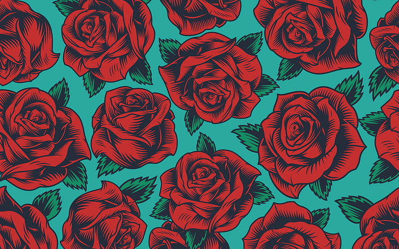 Texture, pattern, red, green, rose, flower, paper, blue, HD wallpaper