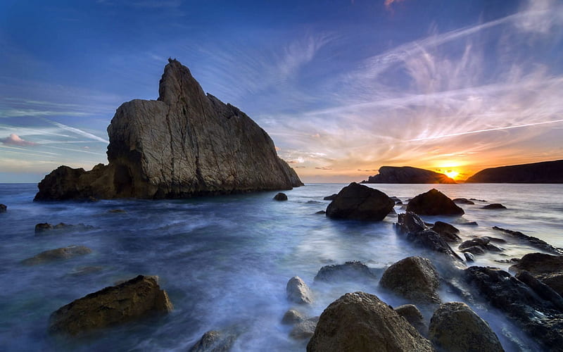 Splendor, rocks, sun, sunbeams, bonito, sunset, clouds, sea, beauty ...